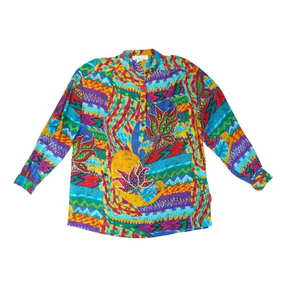 VTG Sandy Starkman Colorful Flower Print Beaded‎ Button Down Shirt Large Women's
